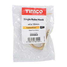 Load image into Gallery viewer, TIMCO Single Robe Hook Polished Brass - 44 x 18mm | Pack of 1
