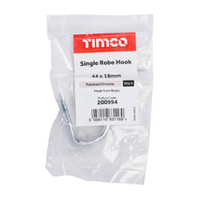 Load image into Gallery viewer, TIMCO Single Robe Hook Polished Chrome - 44 x 18mm | Pack of 1
