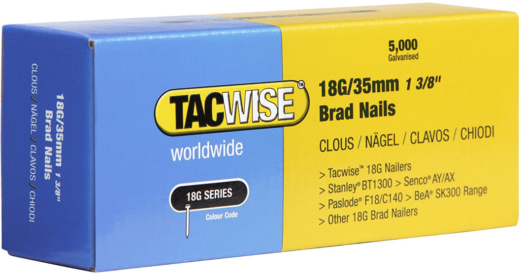Tacwise 18G/35mm Brad Nails, 0399, 18G Brad Nails, Pack of 5,000, Galvansied
